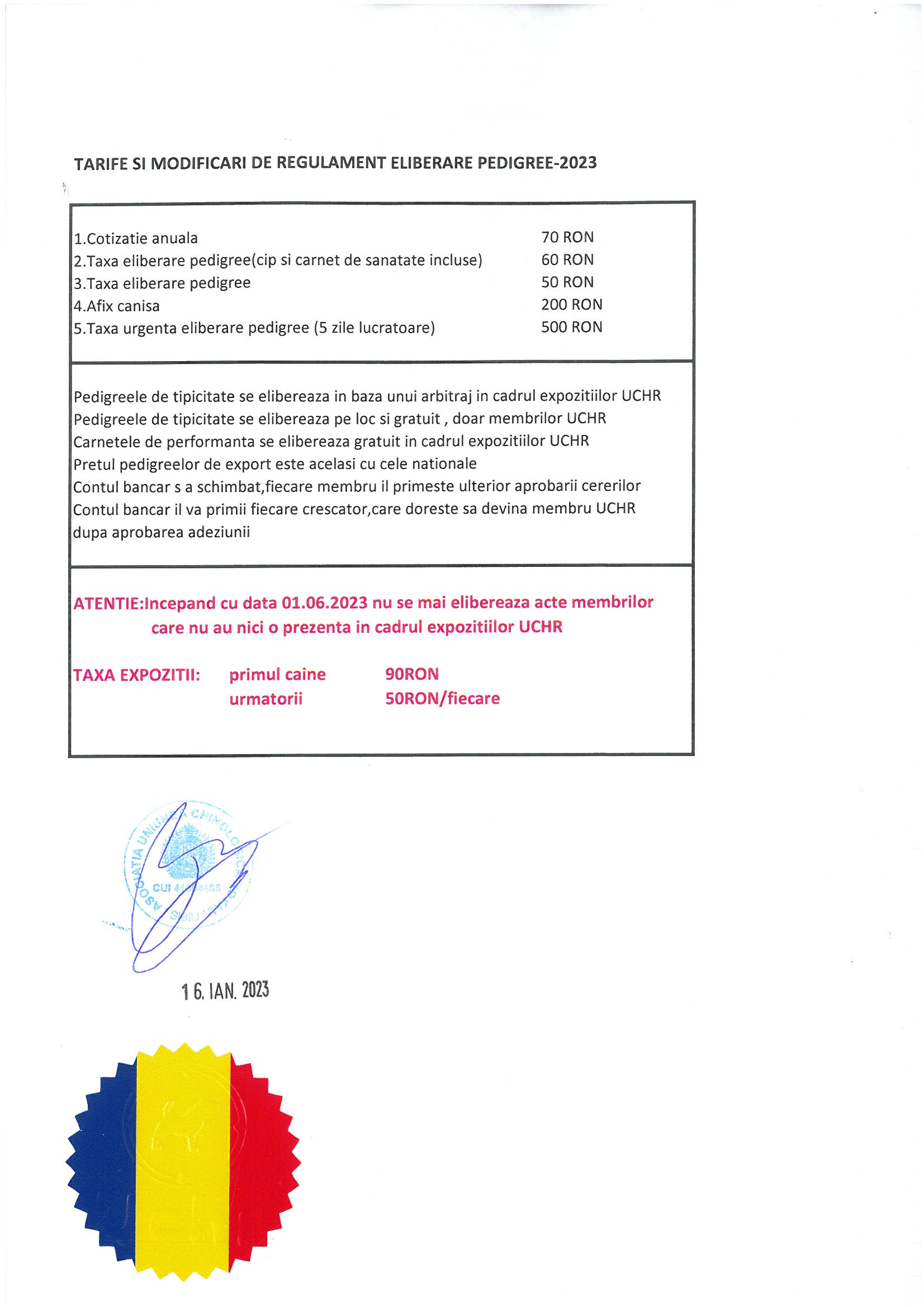 Tarife si modificari de regulament eliberare pedigree 2023